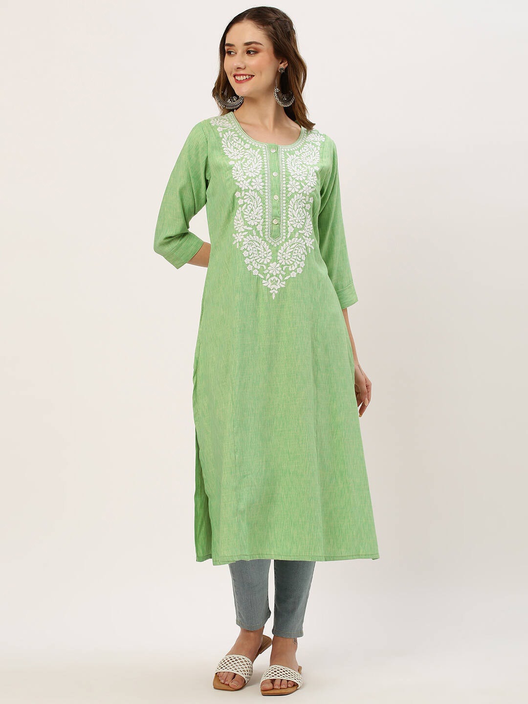 

ZOLA Green Ethnic Motifs Yoke Design Chikankari Straight Kurta