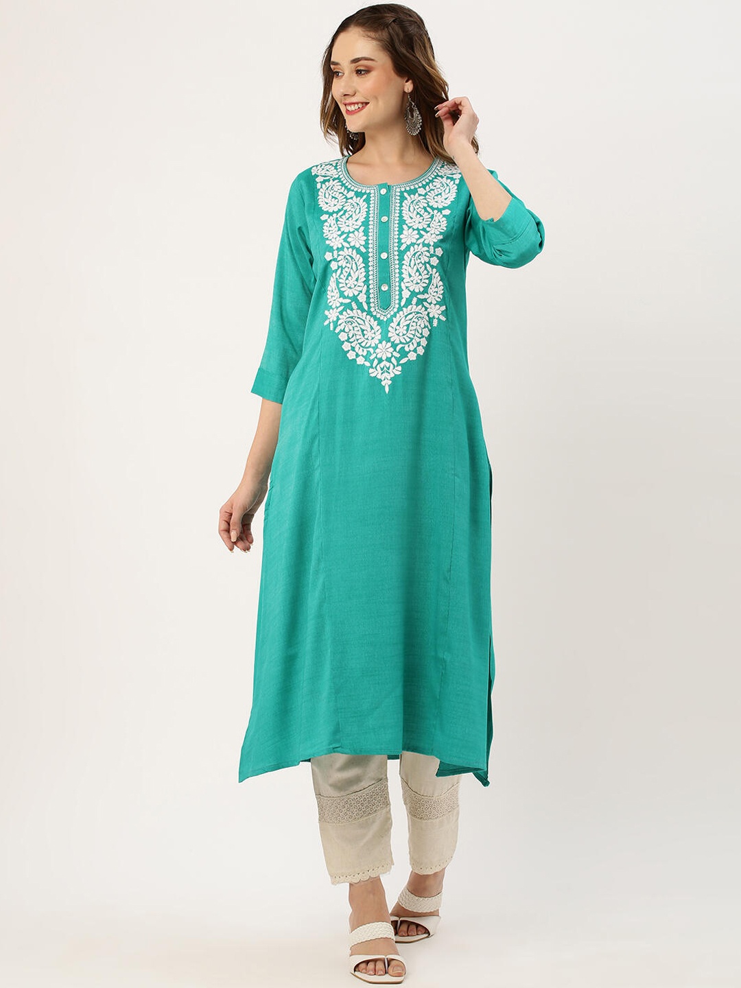 

ZOLA Green White Chikankari Yoke Design Straight Kurta, Turquoise blue