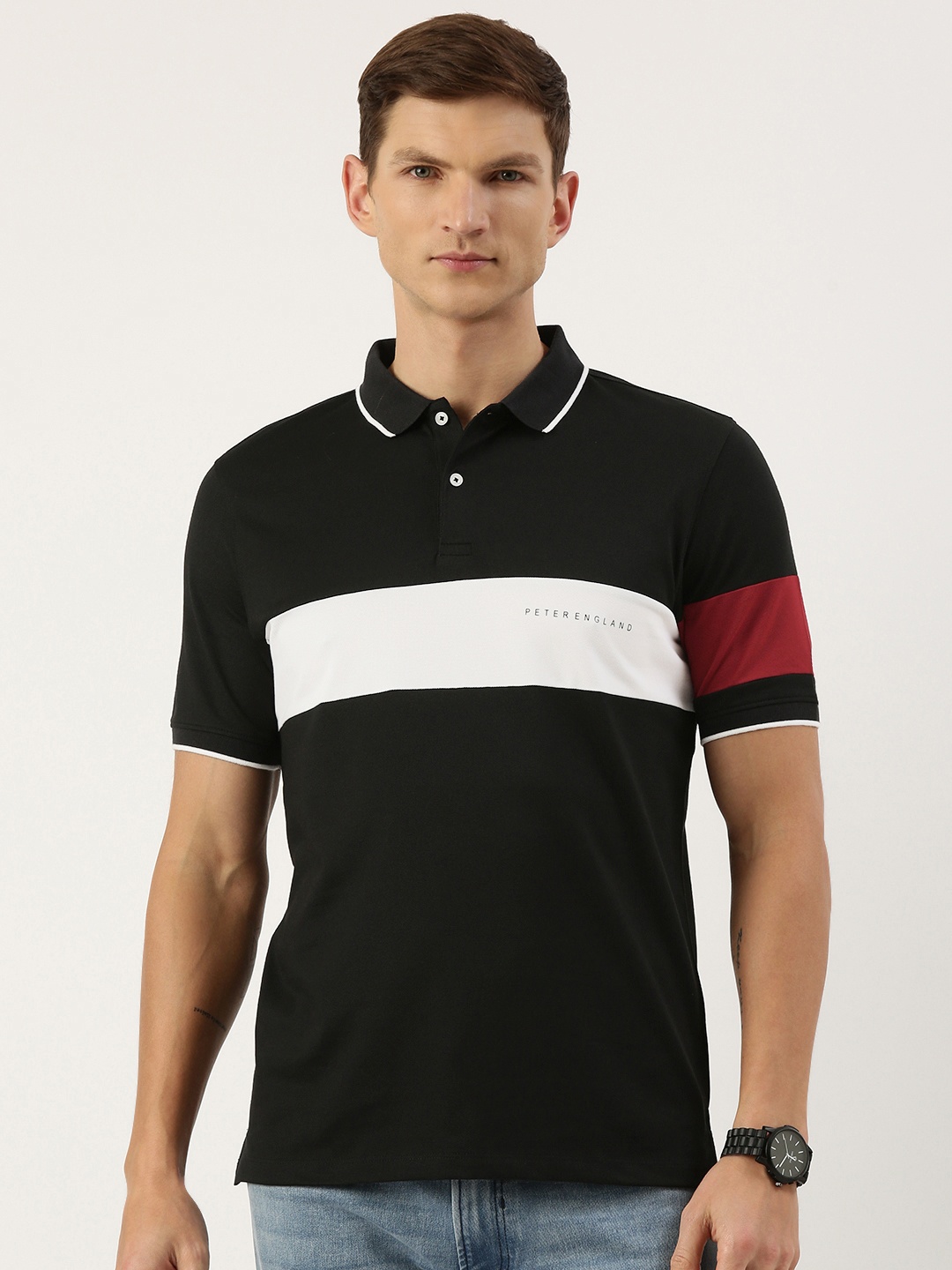

Peter England Men Colourblocked Polo Collar T-shirt, Black