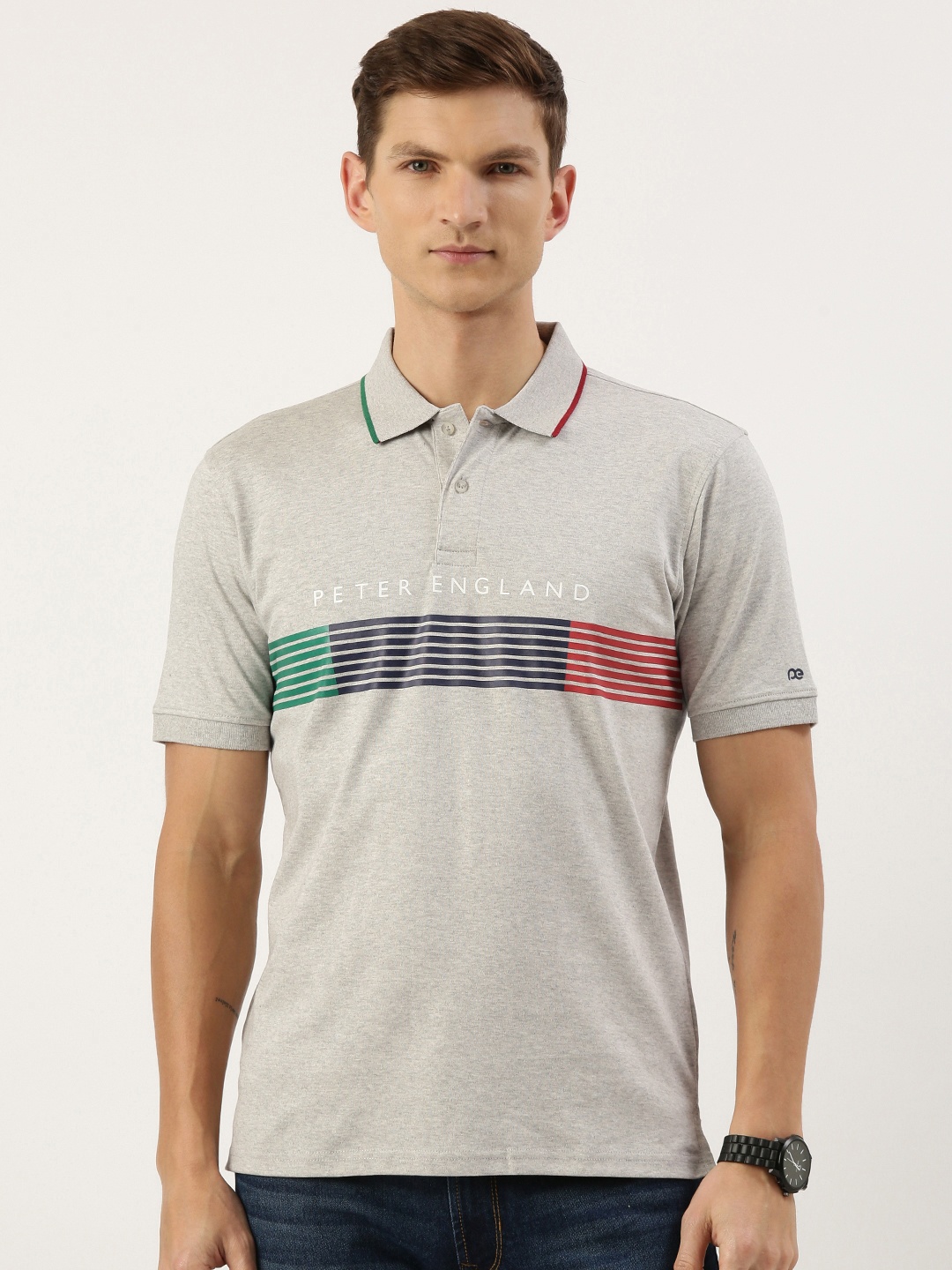 

Peter England Men Striped Polo Collar T-shirt, Grey