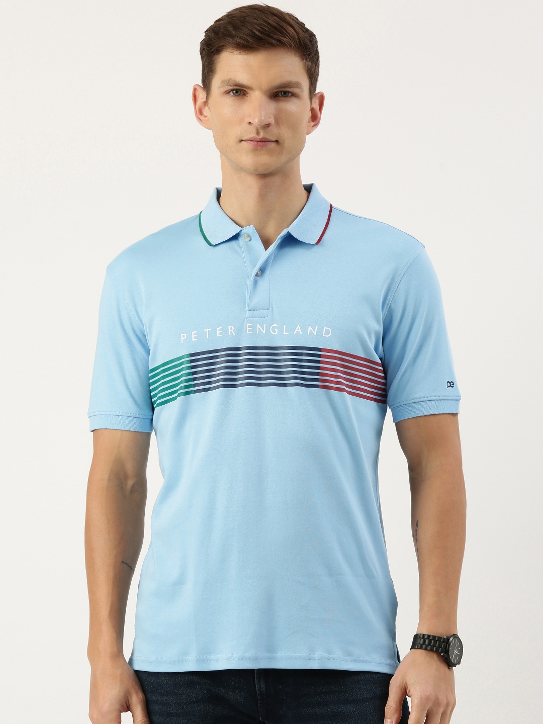 

Peter England Men Striped Polo Collar T-shirt, Blue