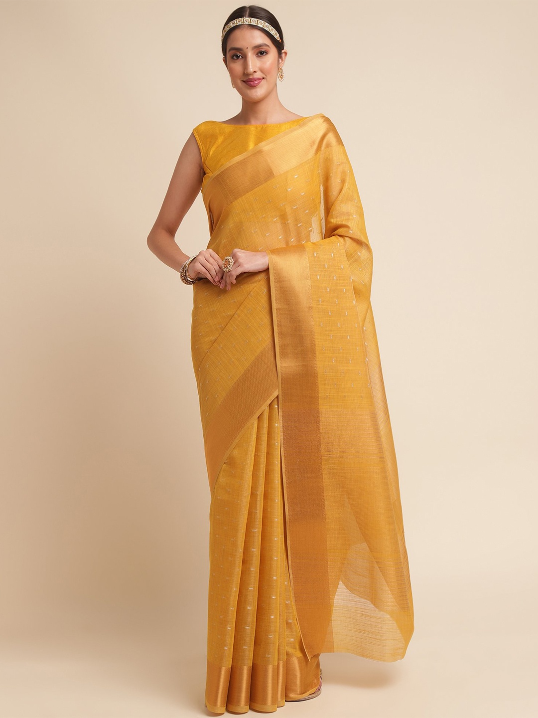 

VISHNU WEAVES Woven Design Zari Linen Blend Saree, Yellow