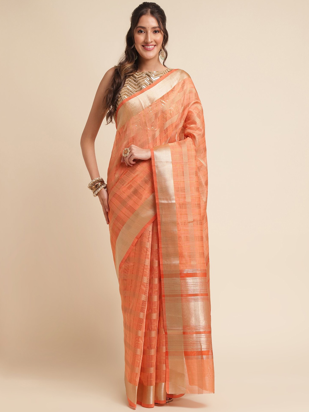 

VISHNU WEAVES Checked Woven Design Zari Organza Saree, Peach