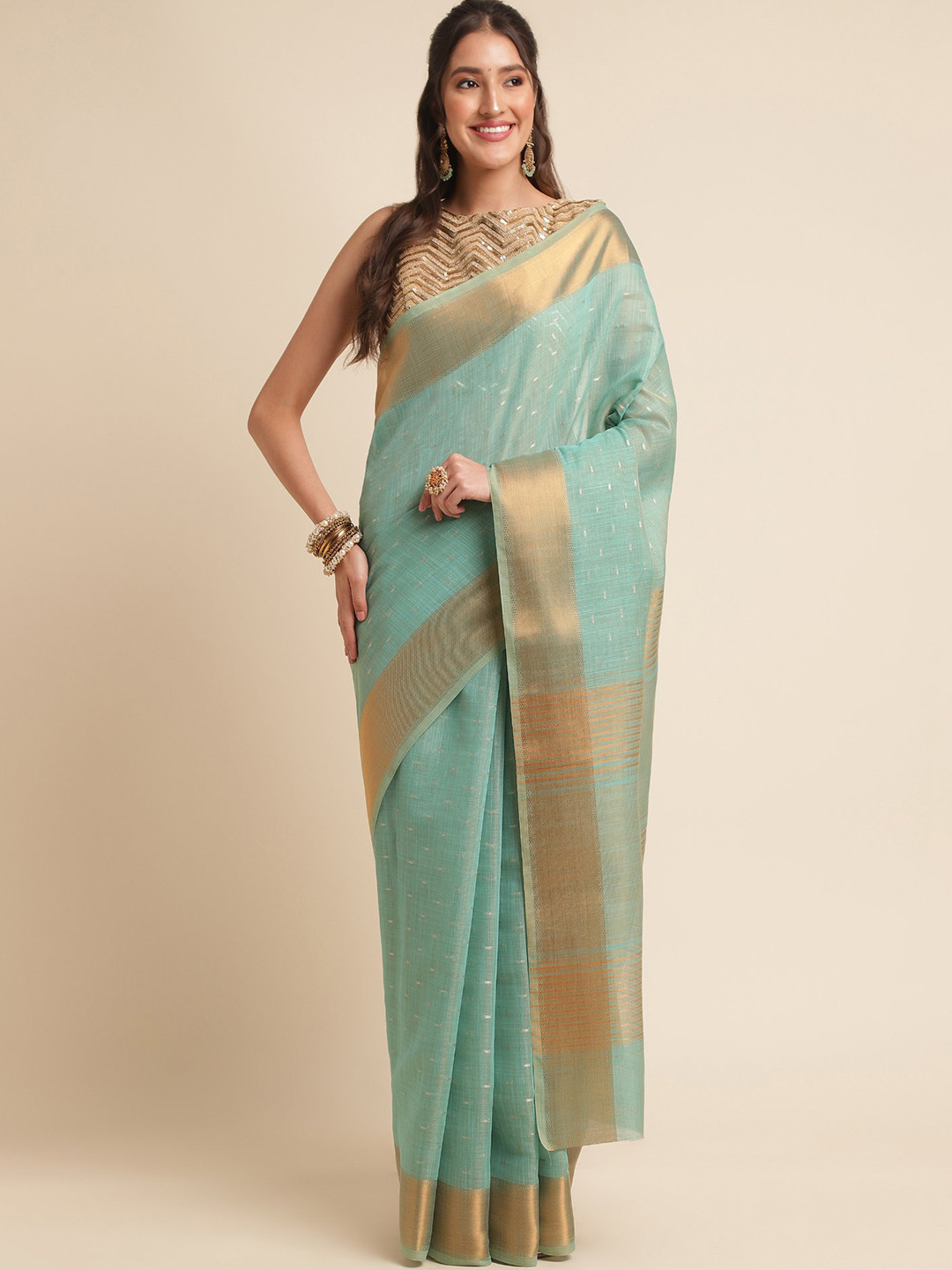

VISHNU WEAVES Woven Design Zari Linen Blend Saree, Sea green