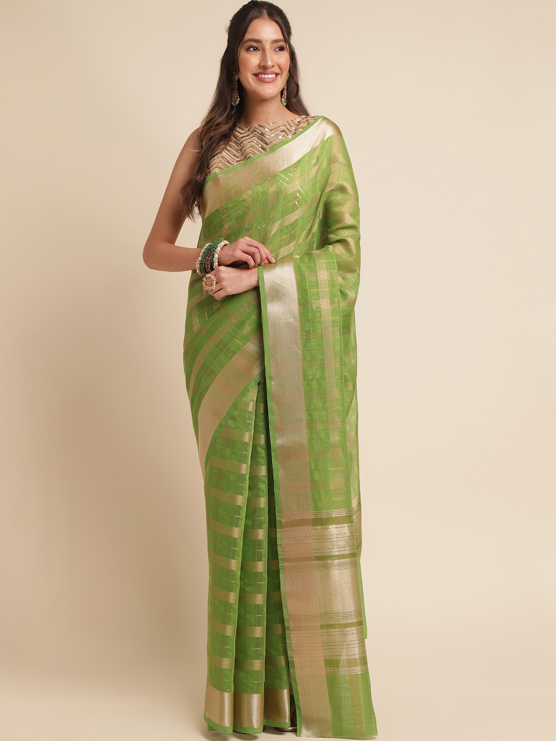 

VISHNU WEAVES Checked Woven Design Zari Organza Saree, Green