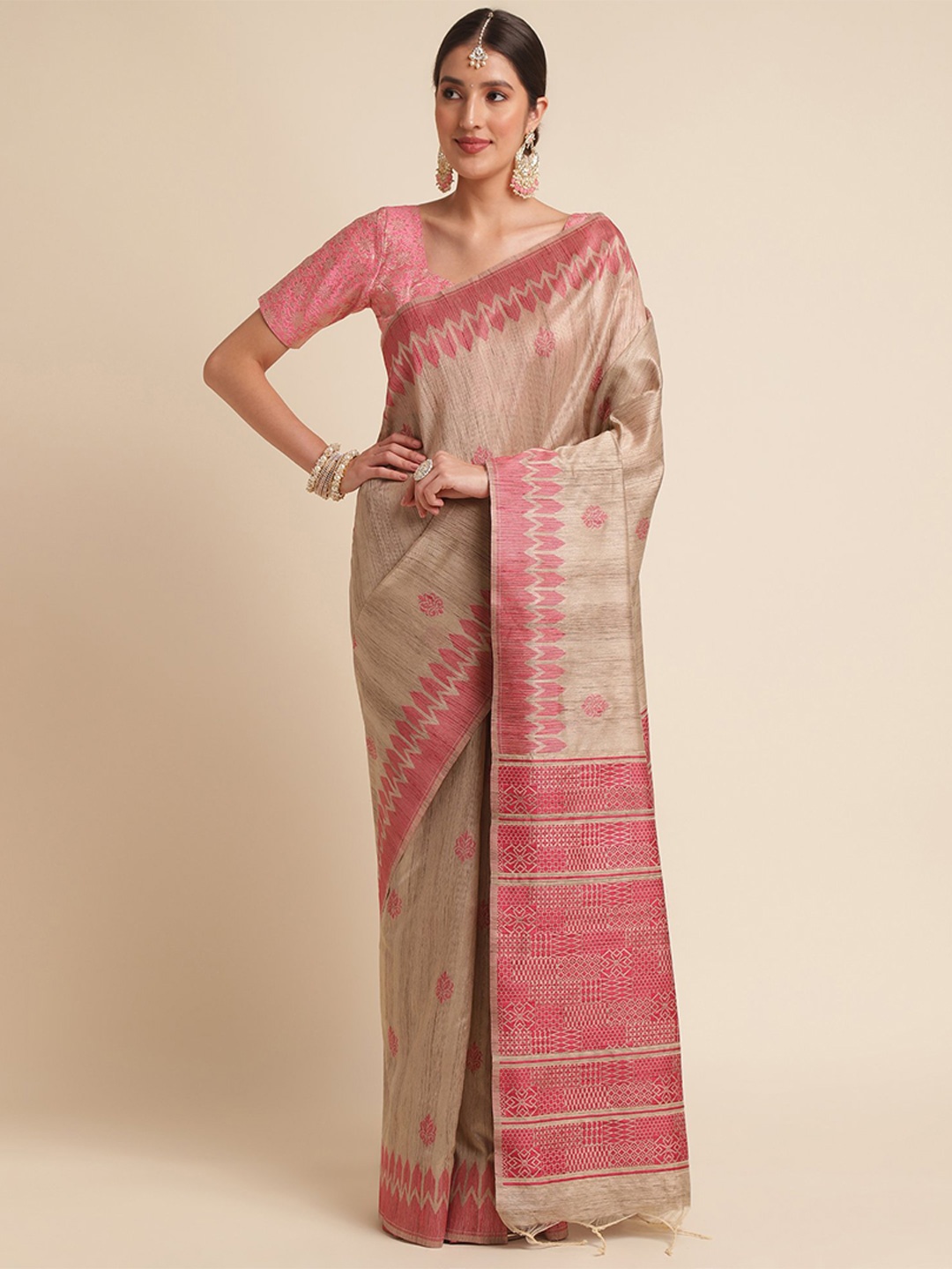 

VISHNU WEAVES Ethnic Motifs Printed Jute Silk Tussar Saree, Pink
