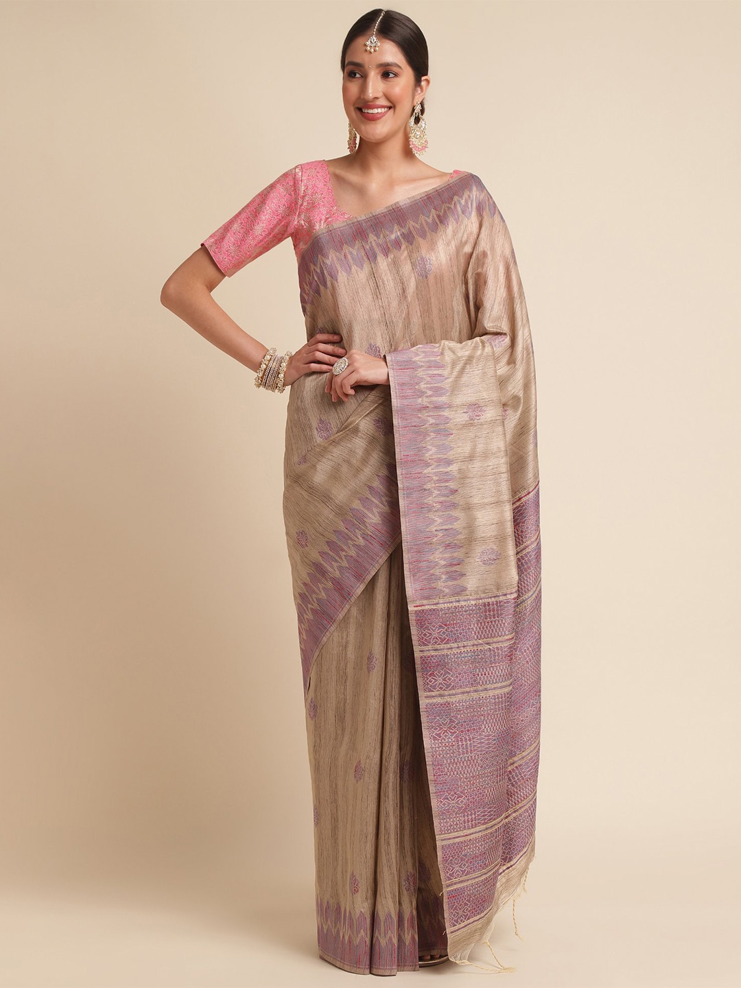 

VISHNU WEAVES Ethnic Motifs Printed Jute Silk Tussar Saree, Purple