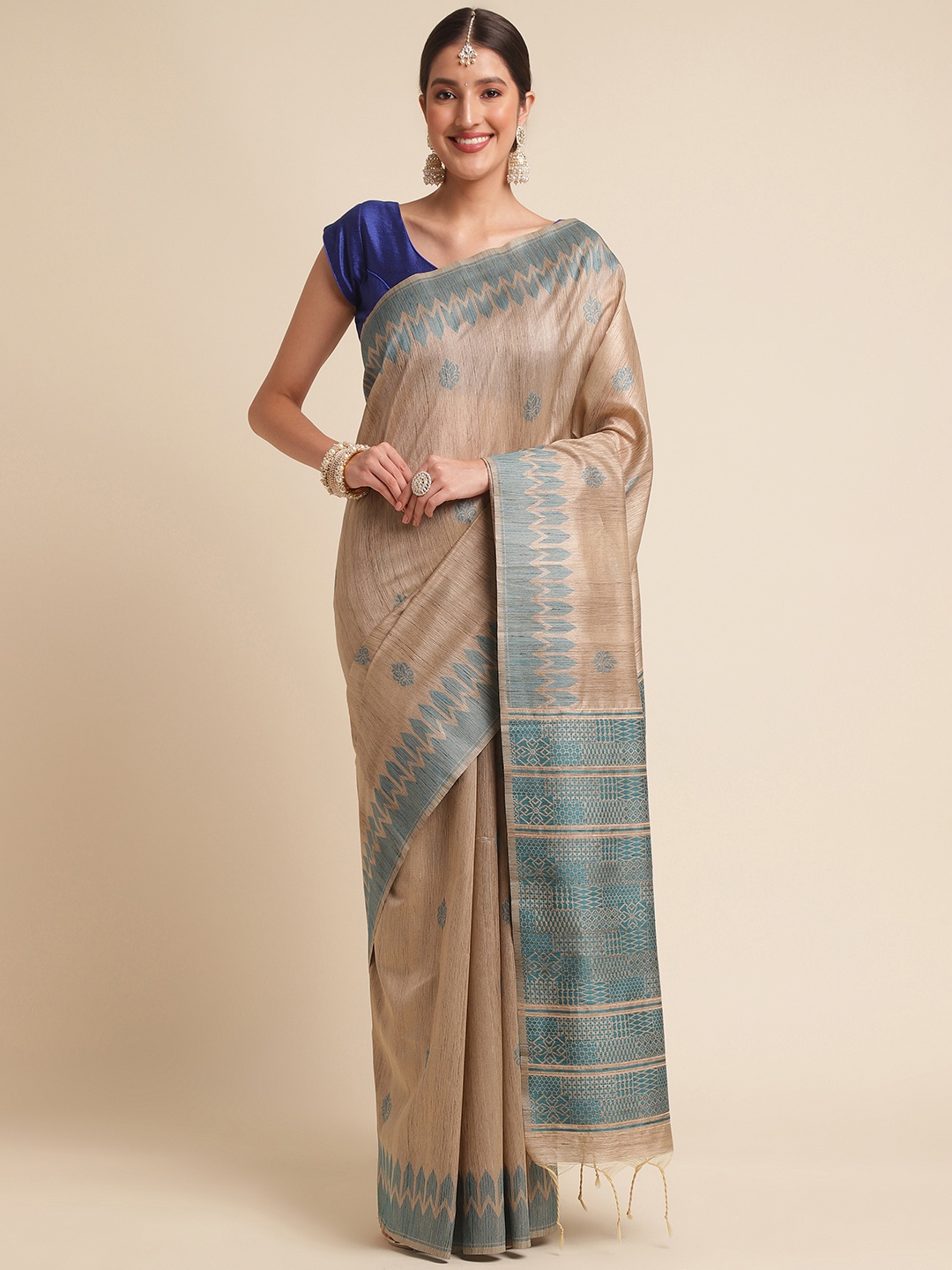 

VISHNU WEAVES Ethnic Motifs Printed Jute Silk Tussar Saree, Beige