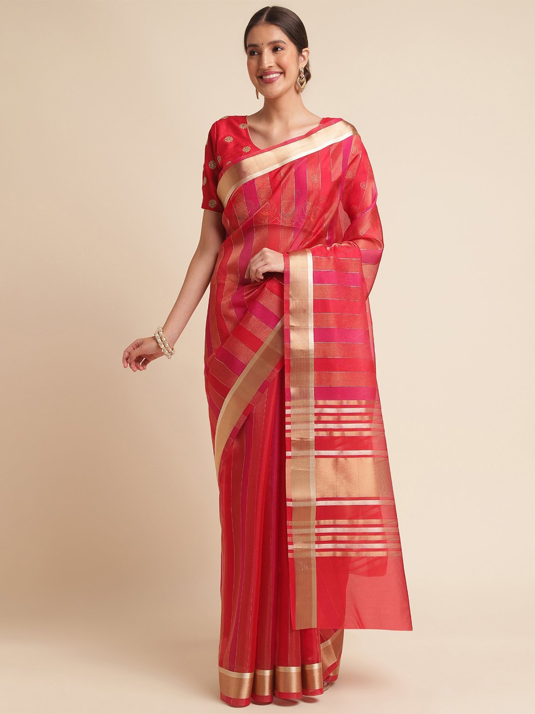 

VISHNU WEAVES Striped Woven Design Zari Organza Saree, Red
