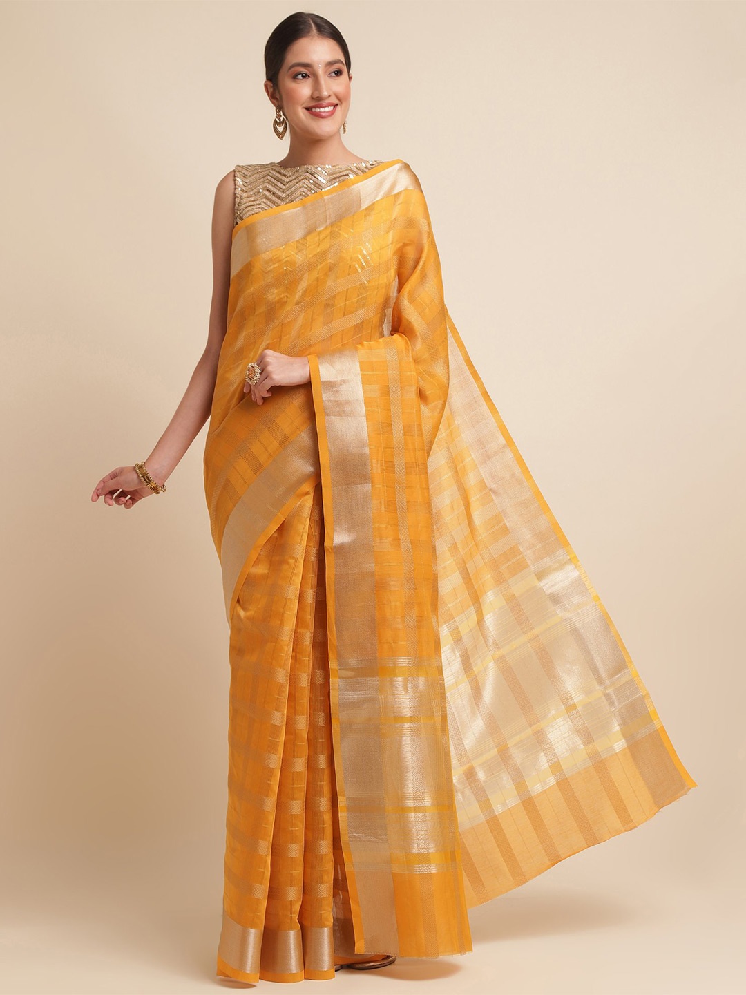 

VISHNU WEAVES Checked Woven Design Zari Organza Saree, Yellow