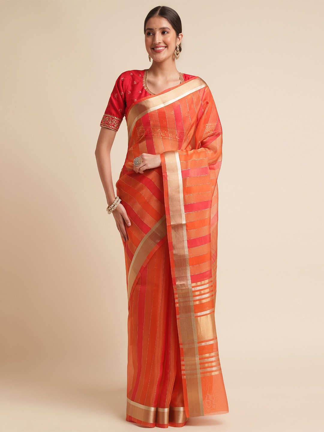 

VISHNU WEAVES Striped Woven Design Zari Organza Saree, Orange