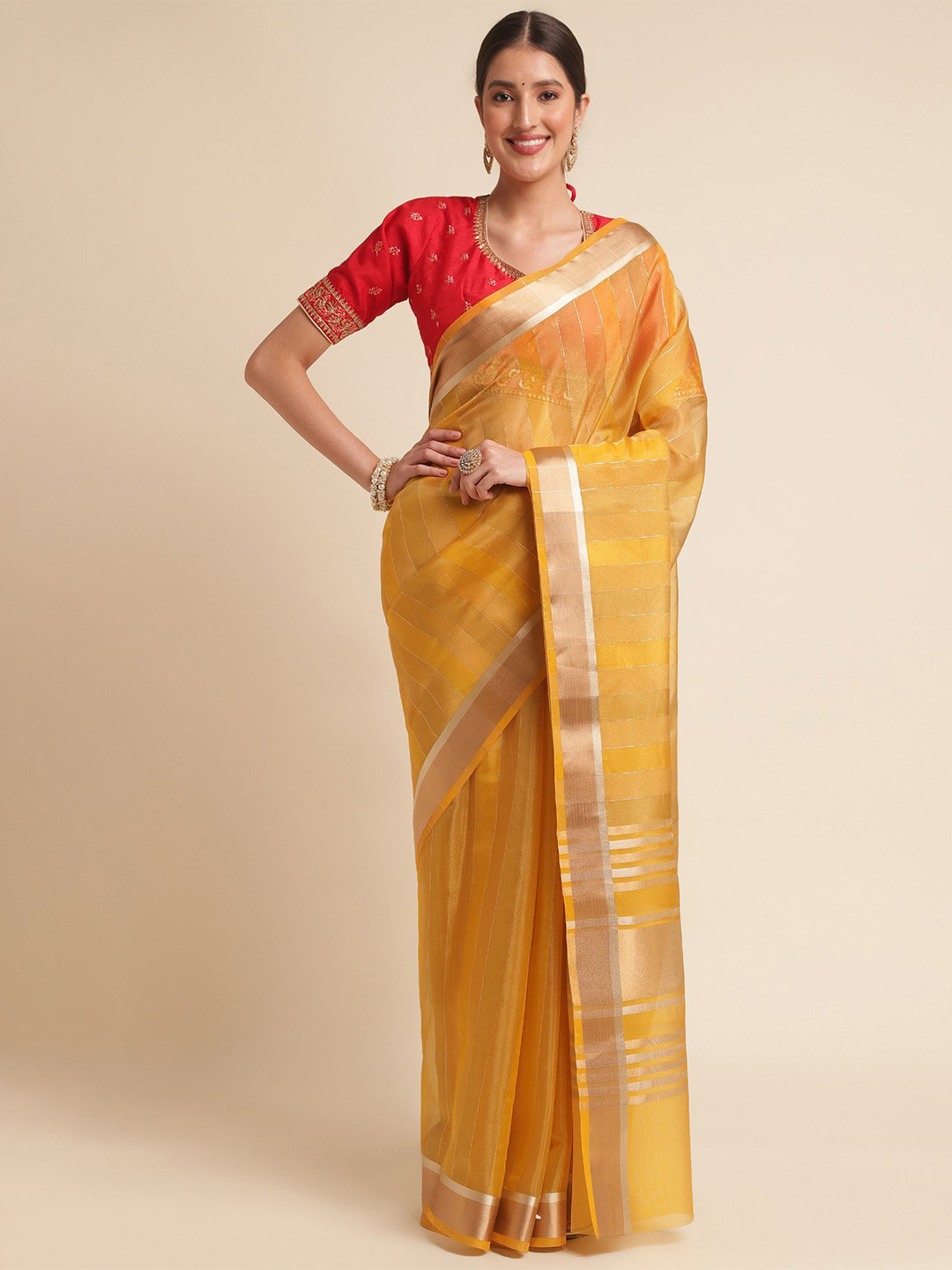 

VISHNU WEAVES Striped Woven Design Zari Organza Saree, Yellow