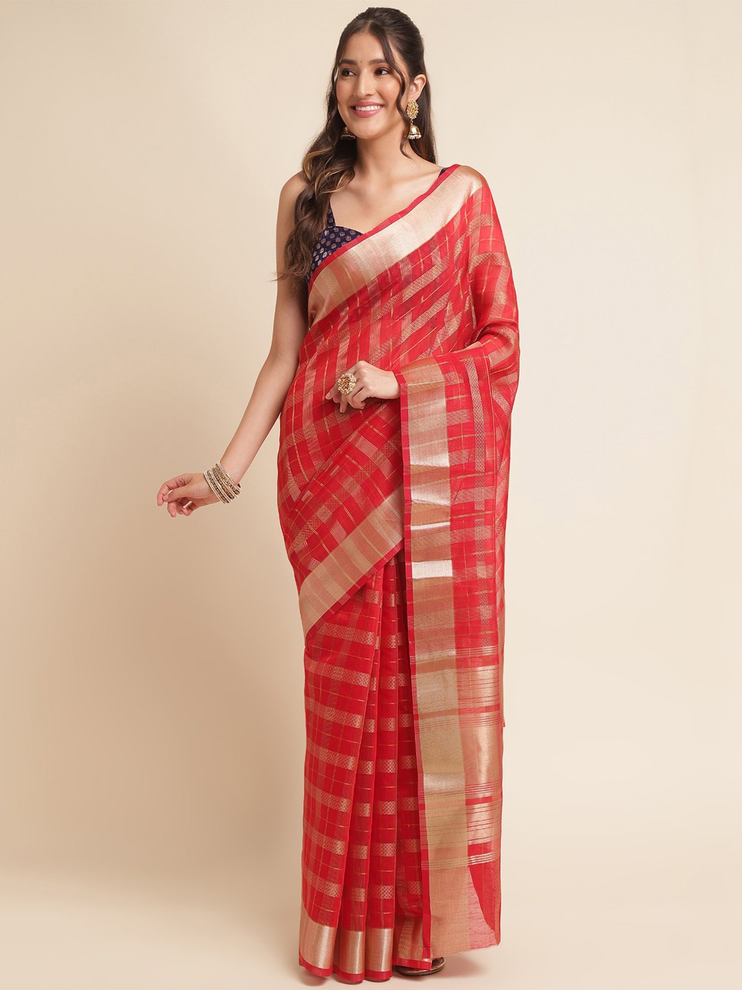 

VISHNU WEAVES Checked Woven Design Zari Organza Saree, Red