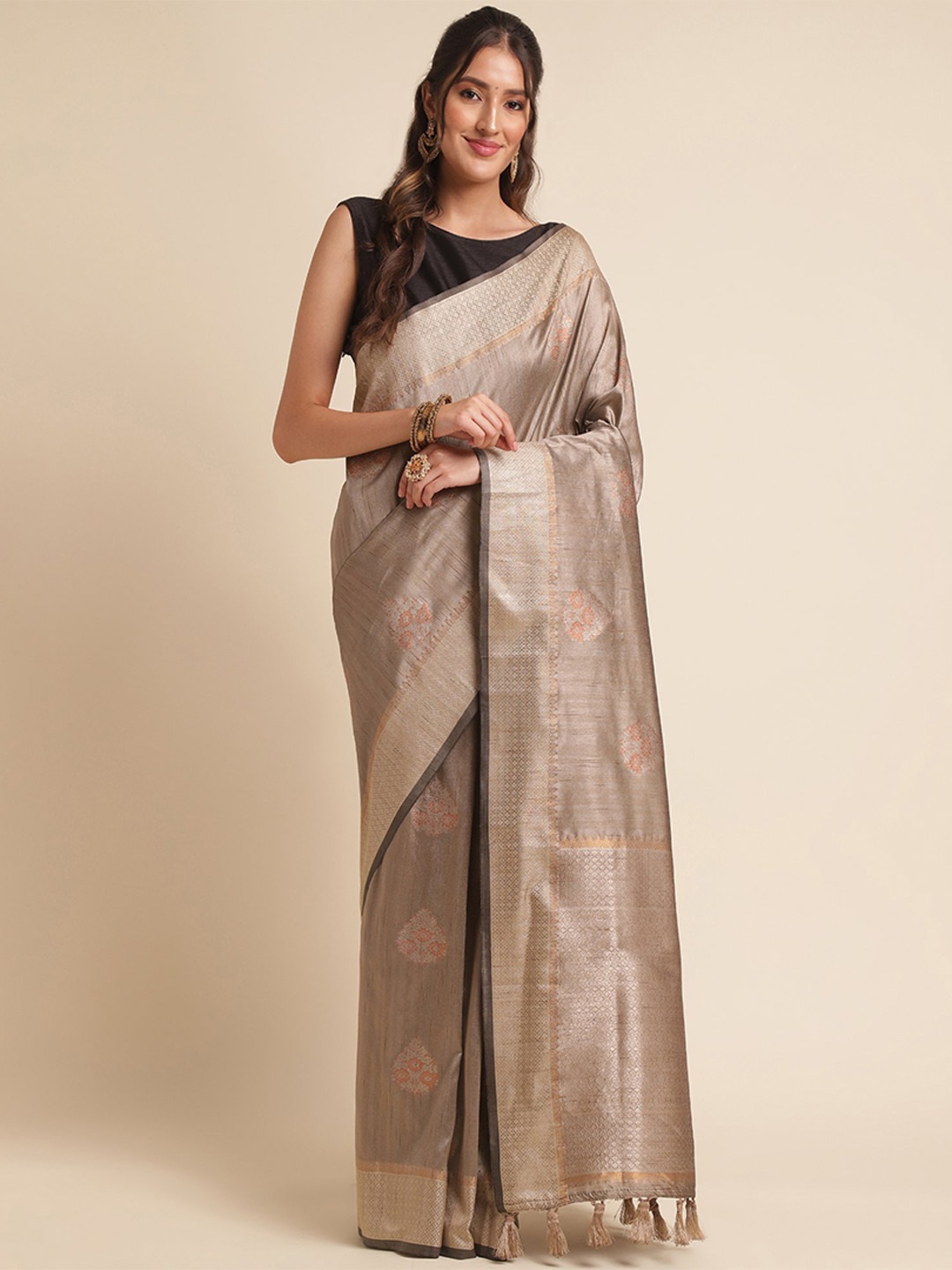 

VISHNU WEAVES Ethnic Motifs Woven Design Zari Tussar Saree, Beige
