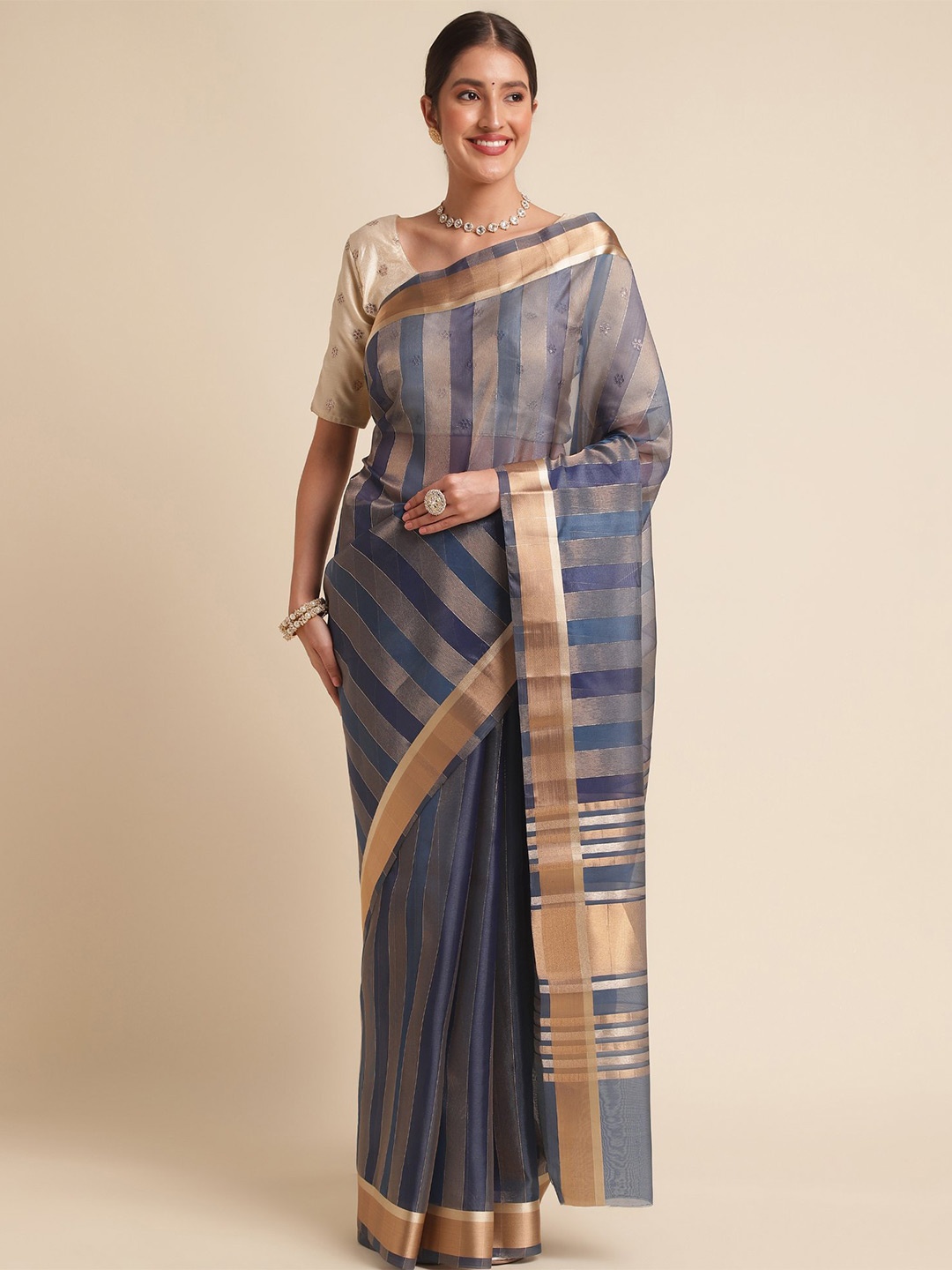 

VISHNU WEAVES Striped Woven Design Zari Organza Saree, Navy blue