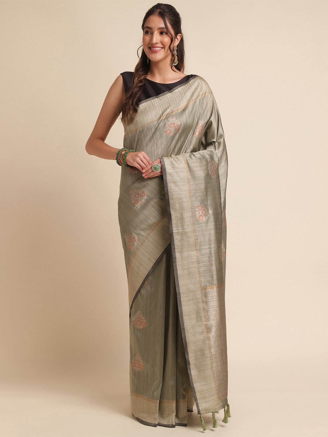 

VISHNU WEAVES Ethnic Motifs Woven Design Zari Tussar Saree, Olive