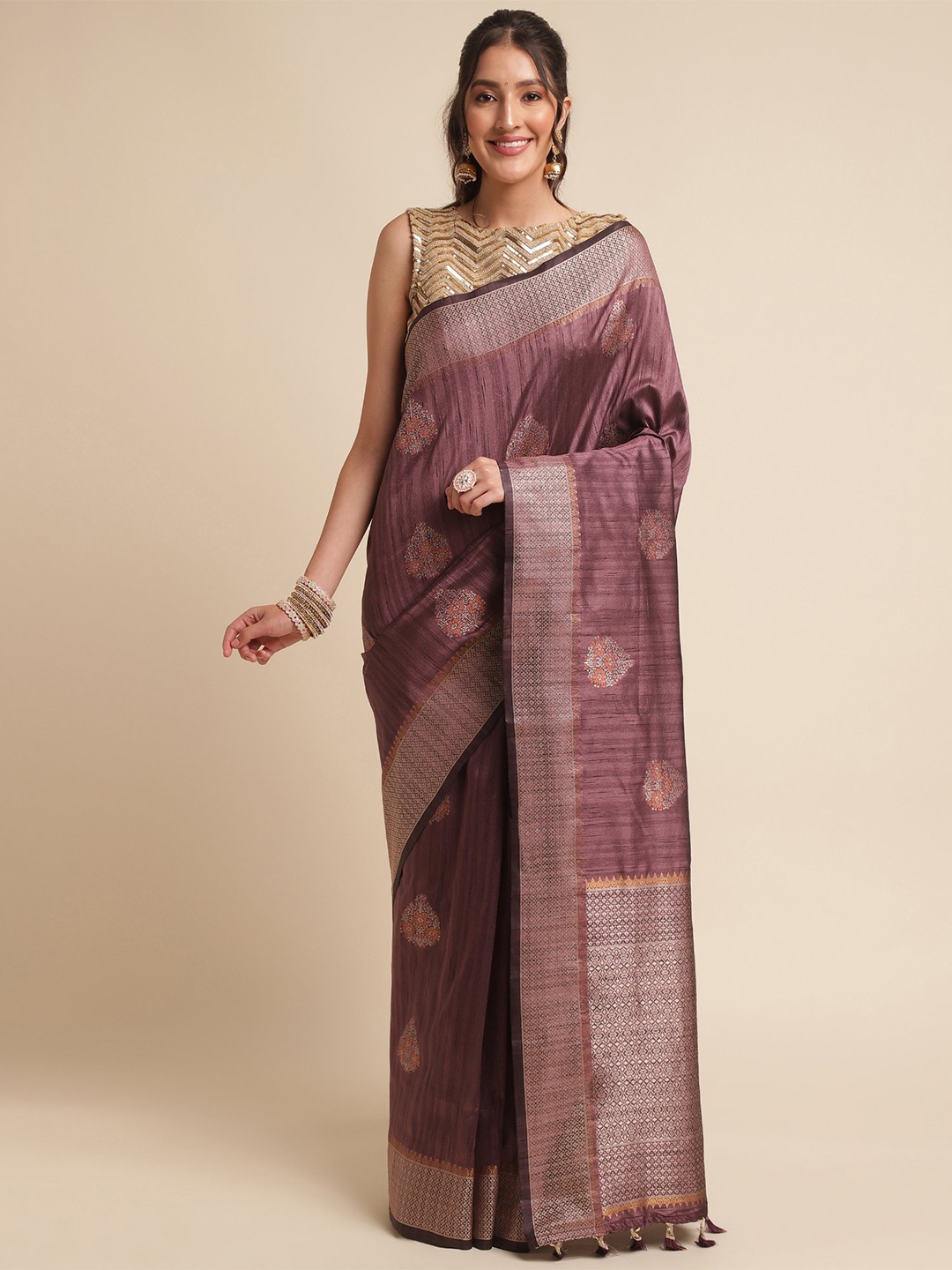 

VISHNU WEAVES Ethnic Motifs Woven Design Zari Tussar Saree, Purple