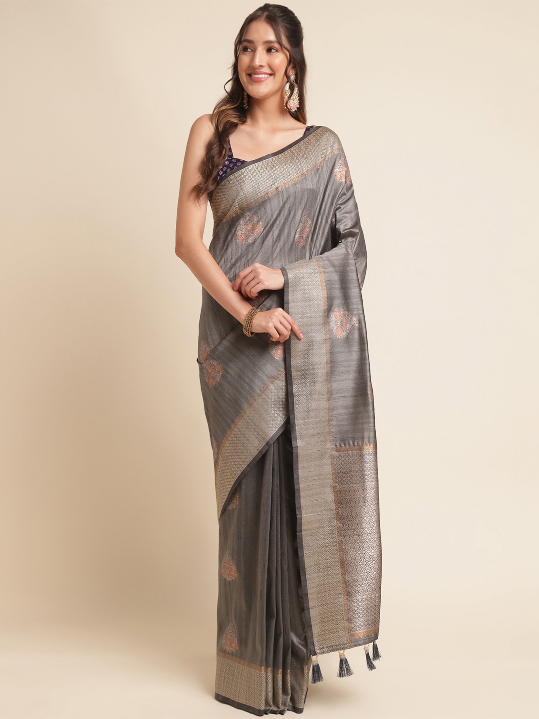 

VISHNU WEAVES Ethnic Motifs Woven Design Zari Tussar Saree, Grey
