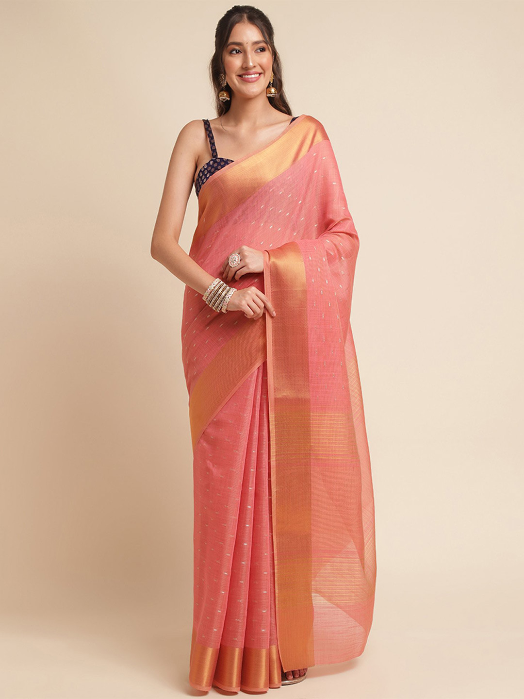 

VISHNU WEAVES Woven Design Zari Linen Blend Saree, Coral