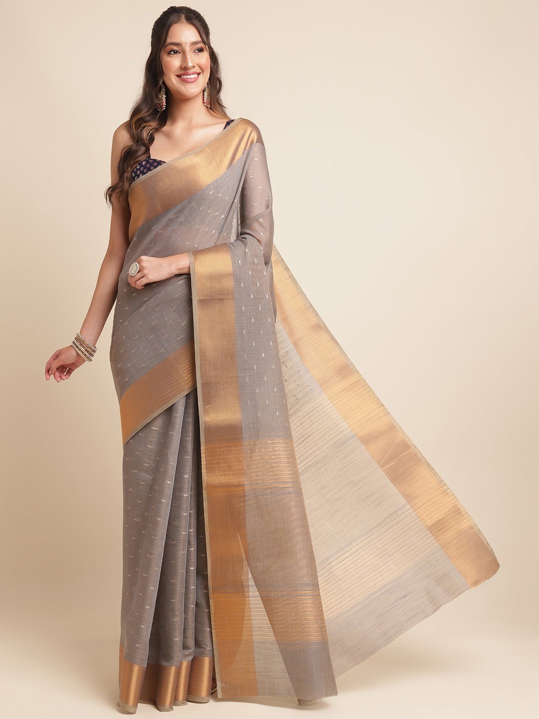 

VISHNU WEAVES Woven Design Zari Linen Blend Saree, Grey