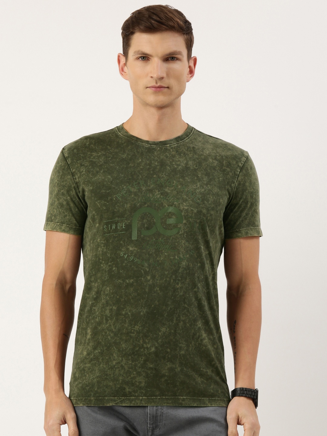 

Peter England Casuals Men Abstract Printed Slim Fit T-shirt, Olive