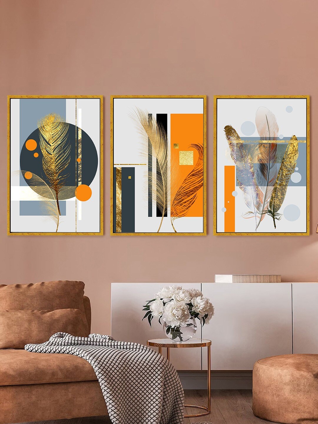 

Art Street Orange-Coloured & White 3 Pieces Luxury Hall Painting Framed Wall Arts