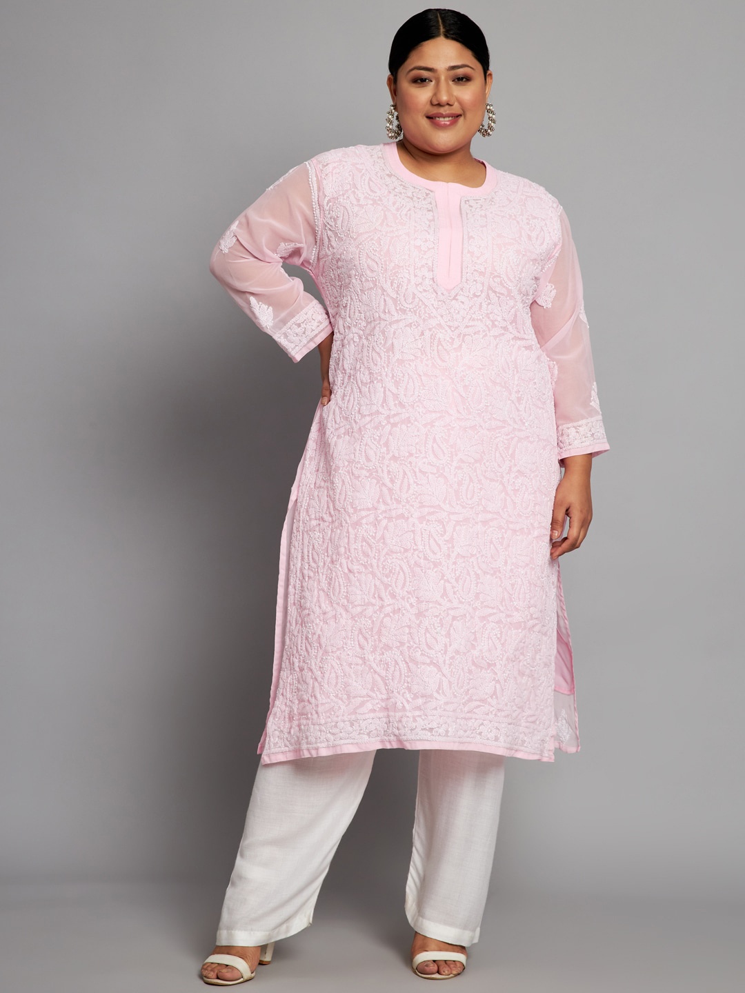 

Indiankala4u Floral Embroidered Chikankari Georgette Kurta, Pink