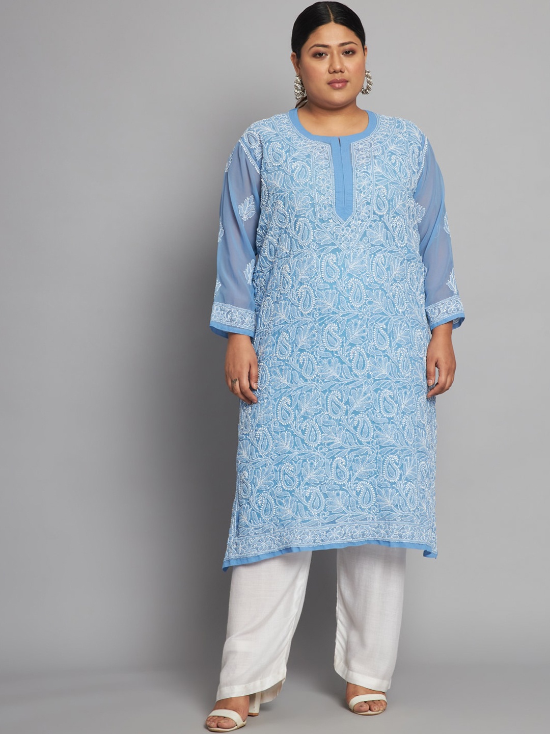 

Indiankala4u Women Blue Ethnic Motifs Embroidered Chikankari Georgette Kurta