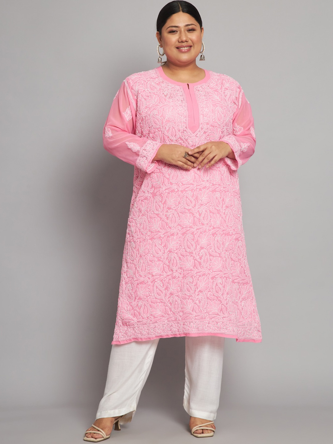 

Indiankala4u Plus Size Paisley Embroidered Chikankari Straight Kurta, Pink