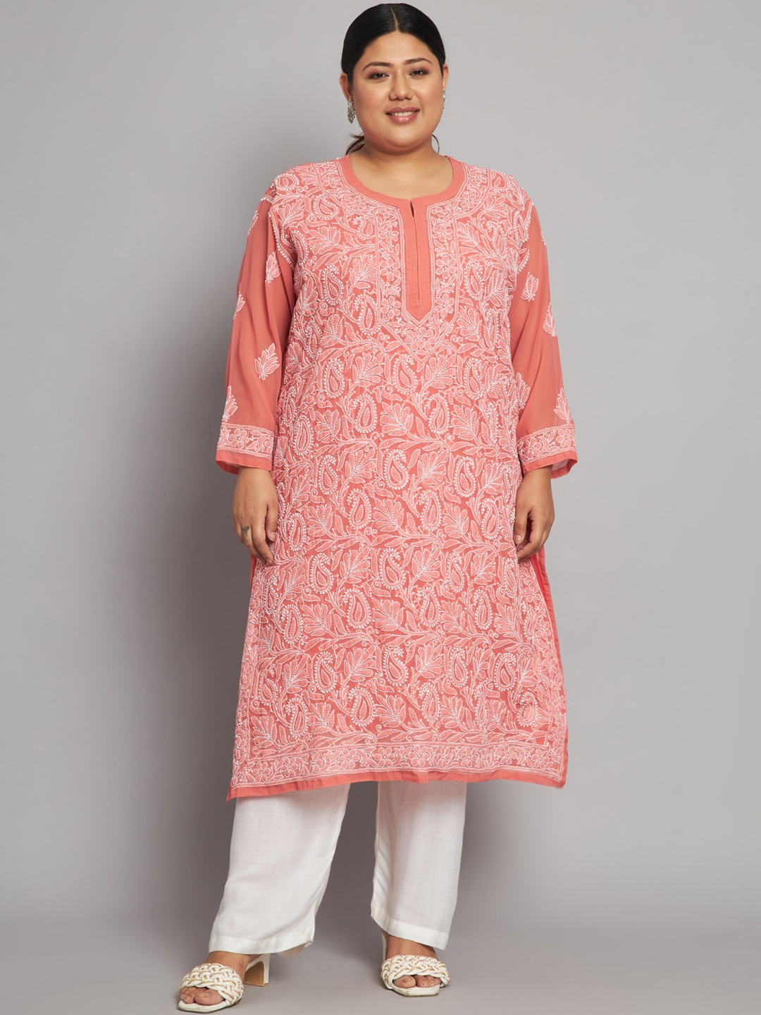 

Indiankala4u Floral Embroidered Chikankari Georgette Kurta, Coral