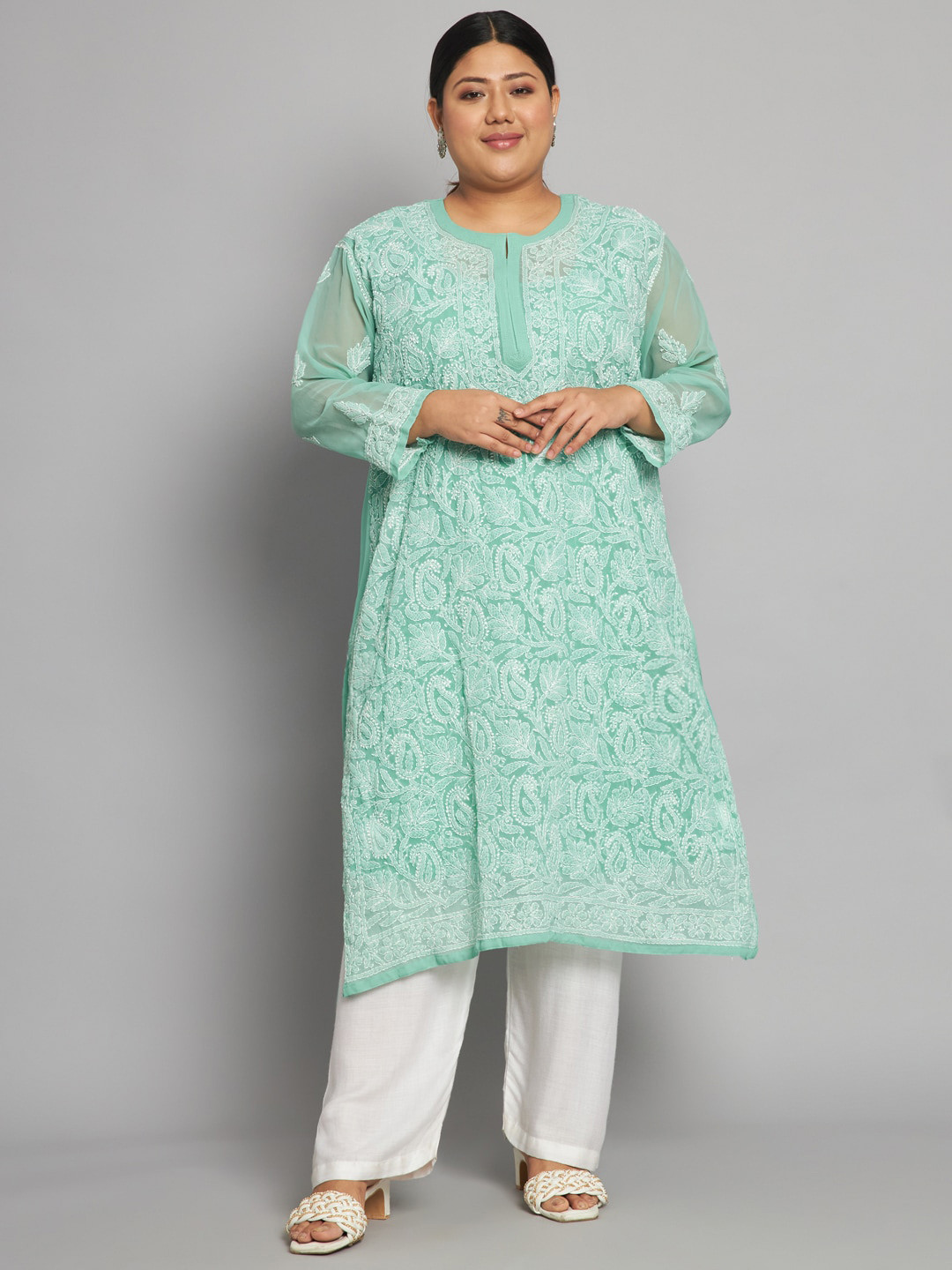 

Indiankala4u Floral Embroidered Chikankari Georgette Kurta, Green
