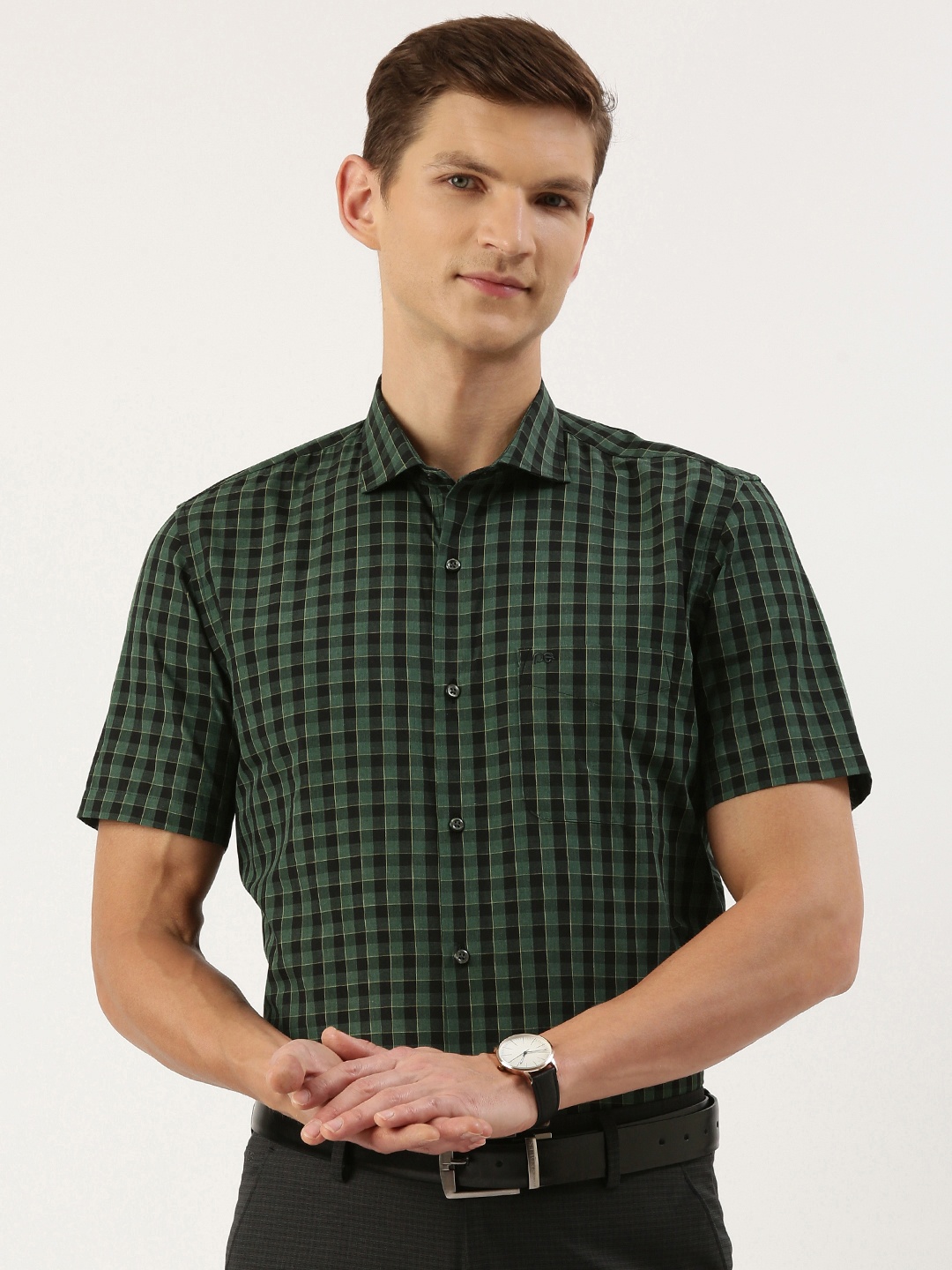 

Peter England Men Slim Fit Opaque Checked Formal Shirt, Green