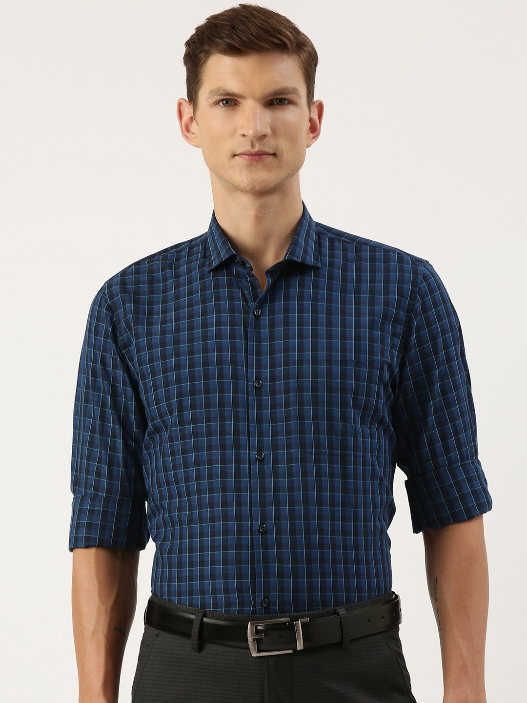 

Peter England Men Slim Fit Opaque Checked Formal Shirt, Navy blue