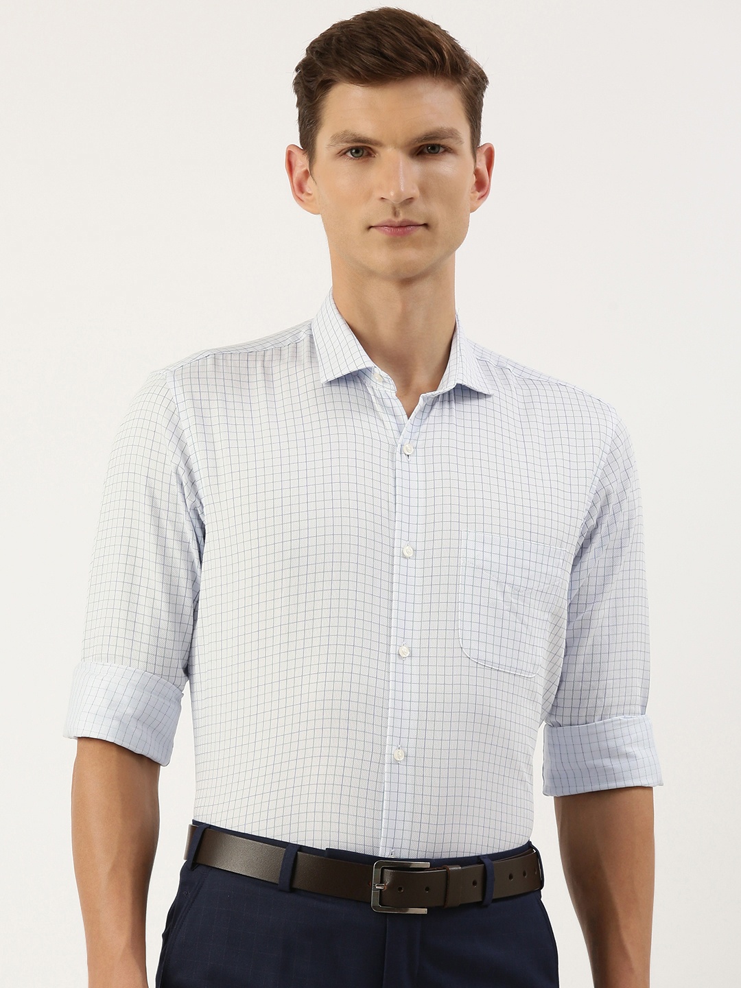 

Peter England Men Slim Fit Opaque Checked Formal Shirt, Blue
