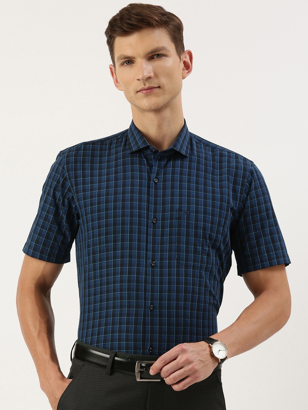 

Peter England Men Slim Fit Opaque Checked Formal Shirt, Navy blue