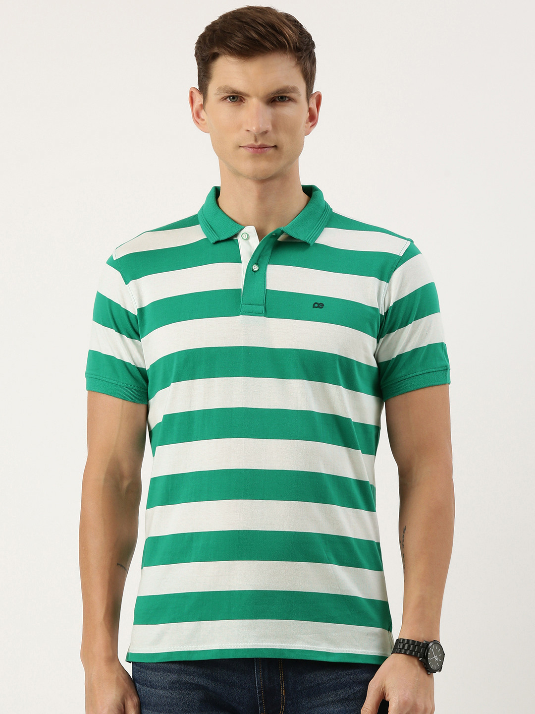 

Peter England Men Striped Polo Collar T-shirt, Green