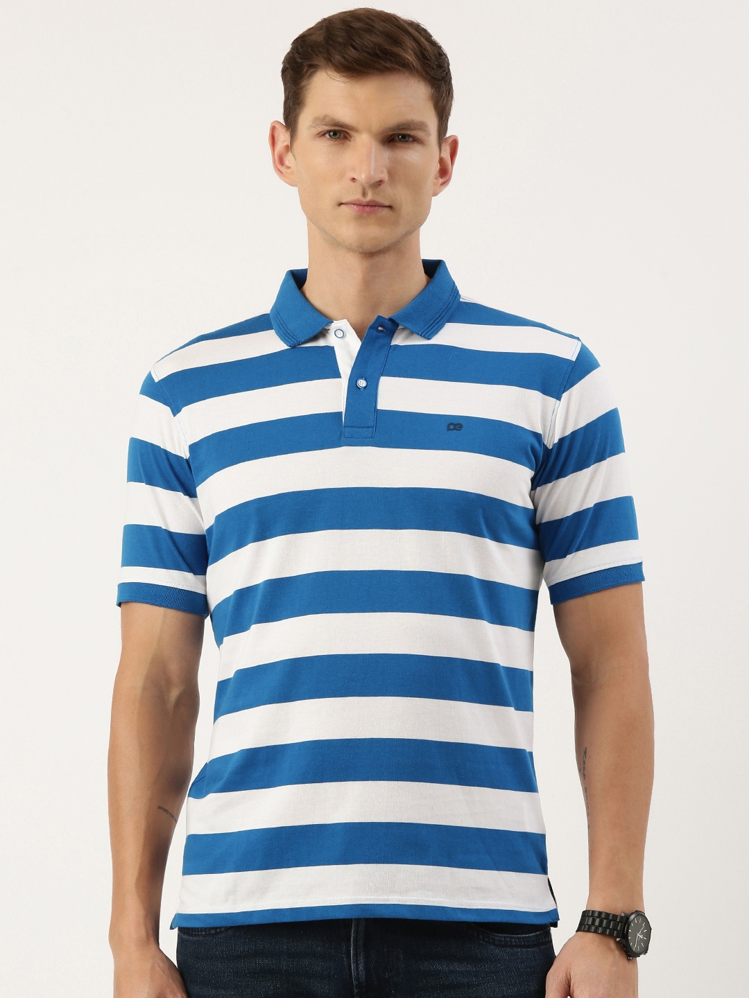 Peter England Men Striped Polo Collar T-shirt, Blue