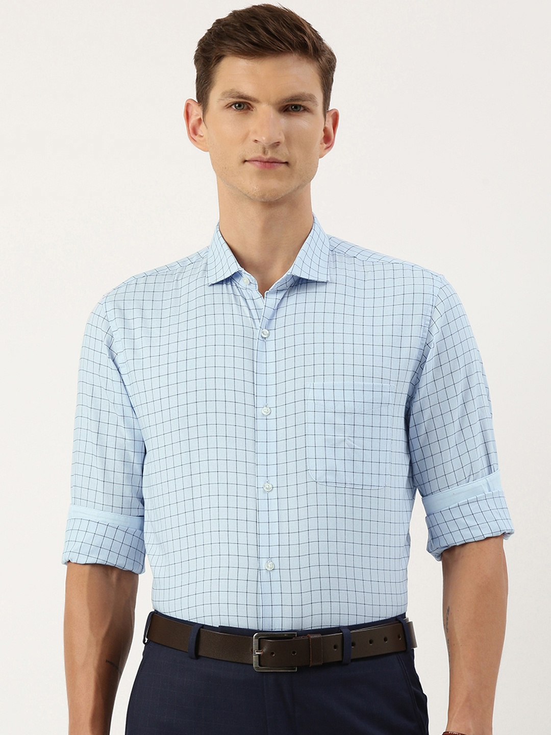 

Peter England Men Slim Fit Opaque Checked Formal Shirt, Blue