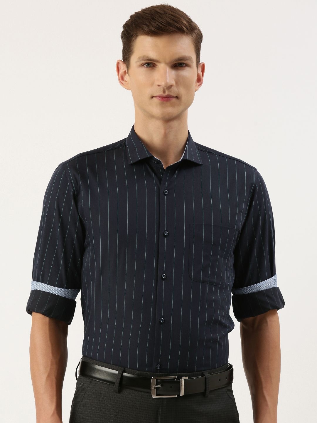 

Peter England Men Slim Fit Opaque Striped Formal Shirt, Navy blue
