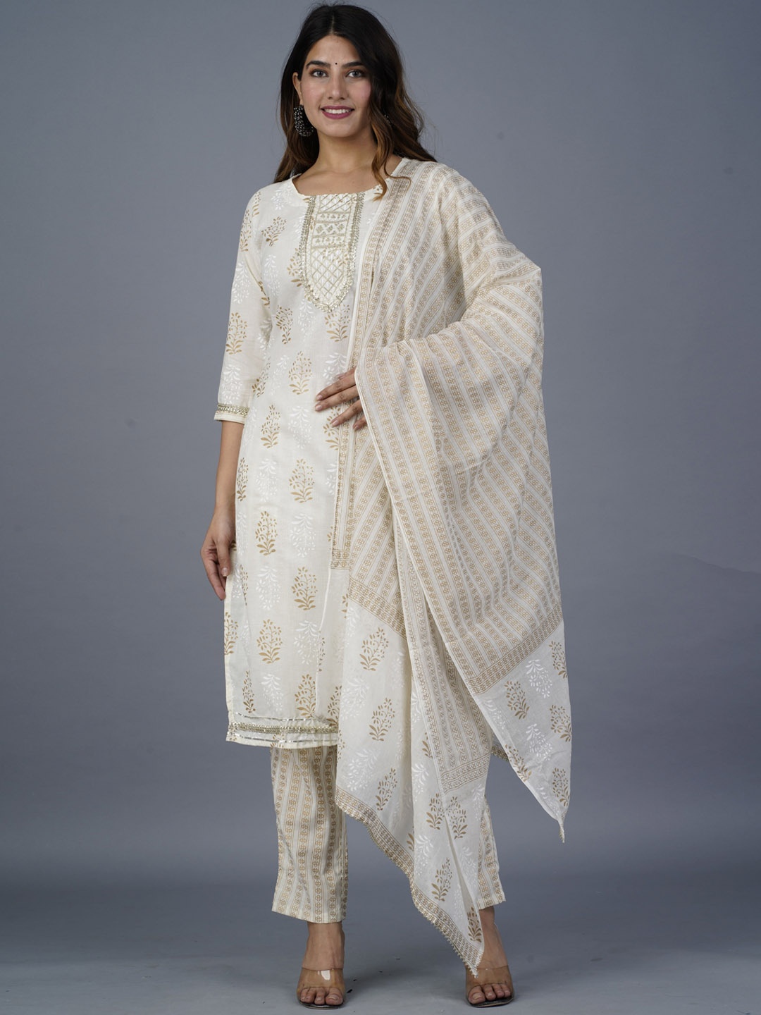 

KALINI Ethnic Motifs Printed Gotta Patti Kurta with Trousers & Dupatta, White