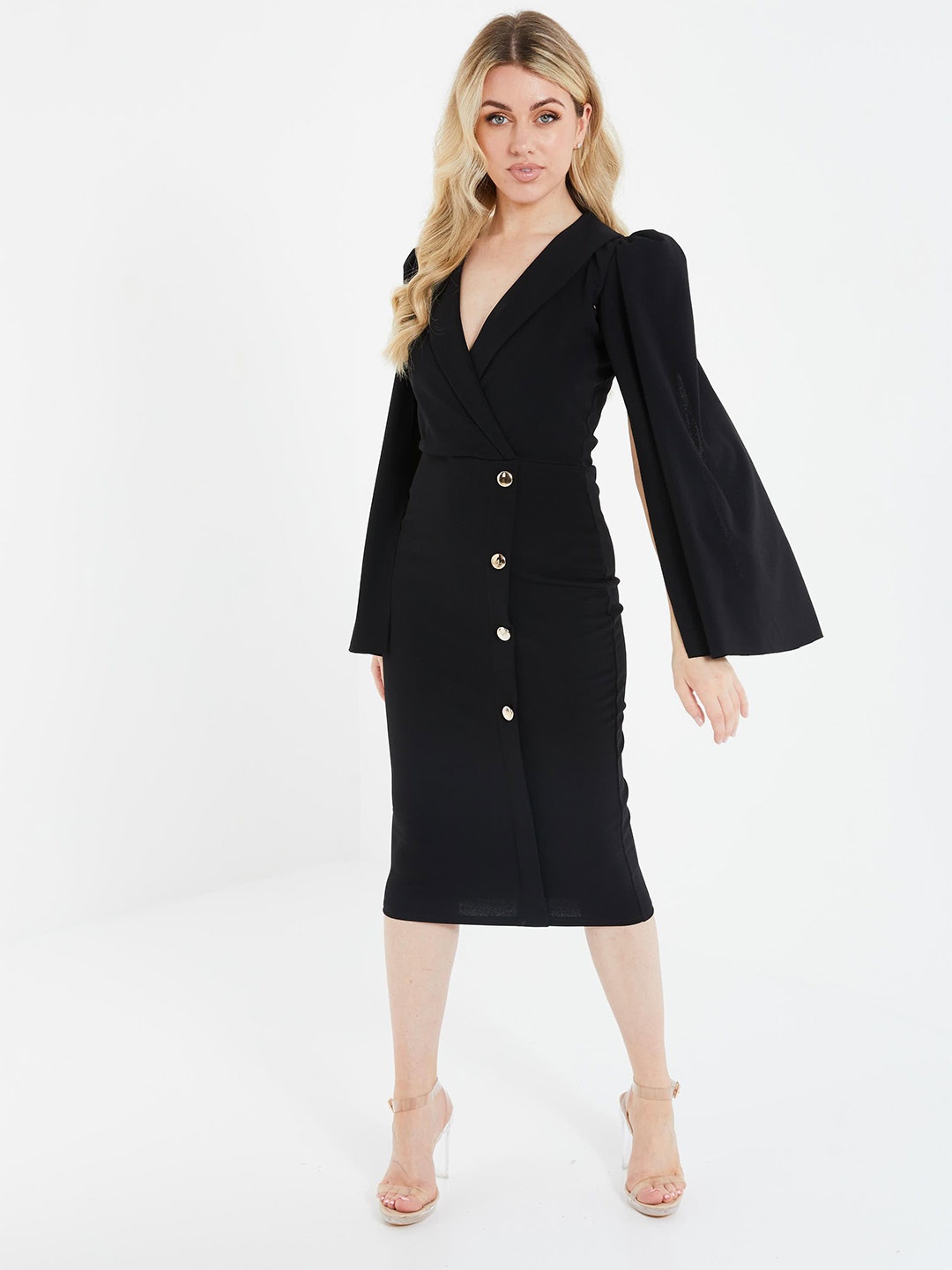 

QUIZ V-Neck Flared Sleeves Sheath Dress, Black