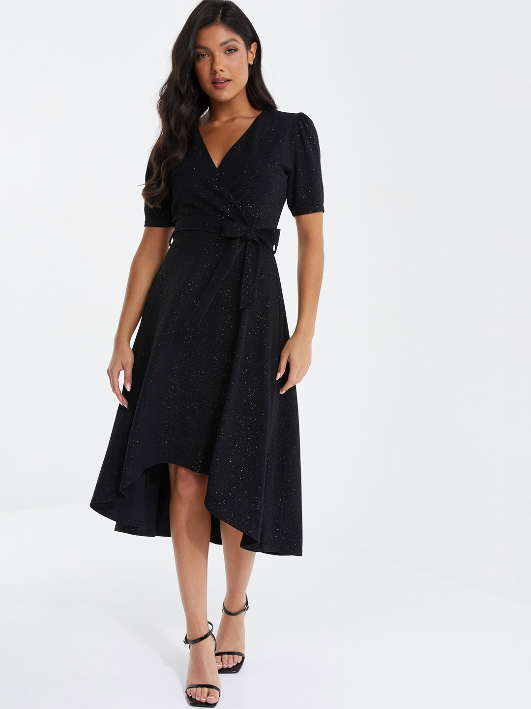 

QUIZ V-Neck Puff Sleeves Tie-Up Detail Satin Fit & Flare Dress, Black