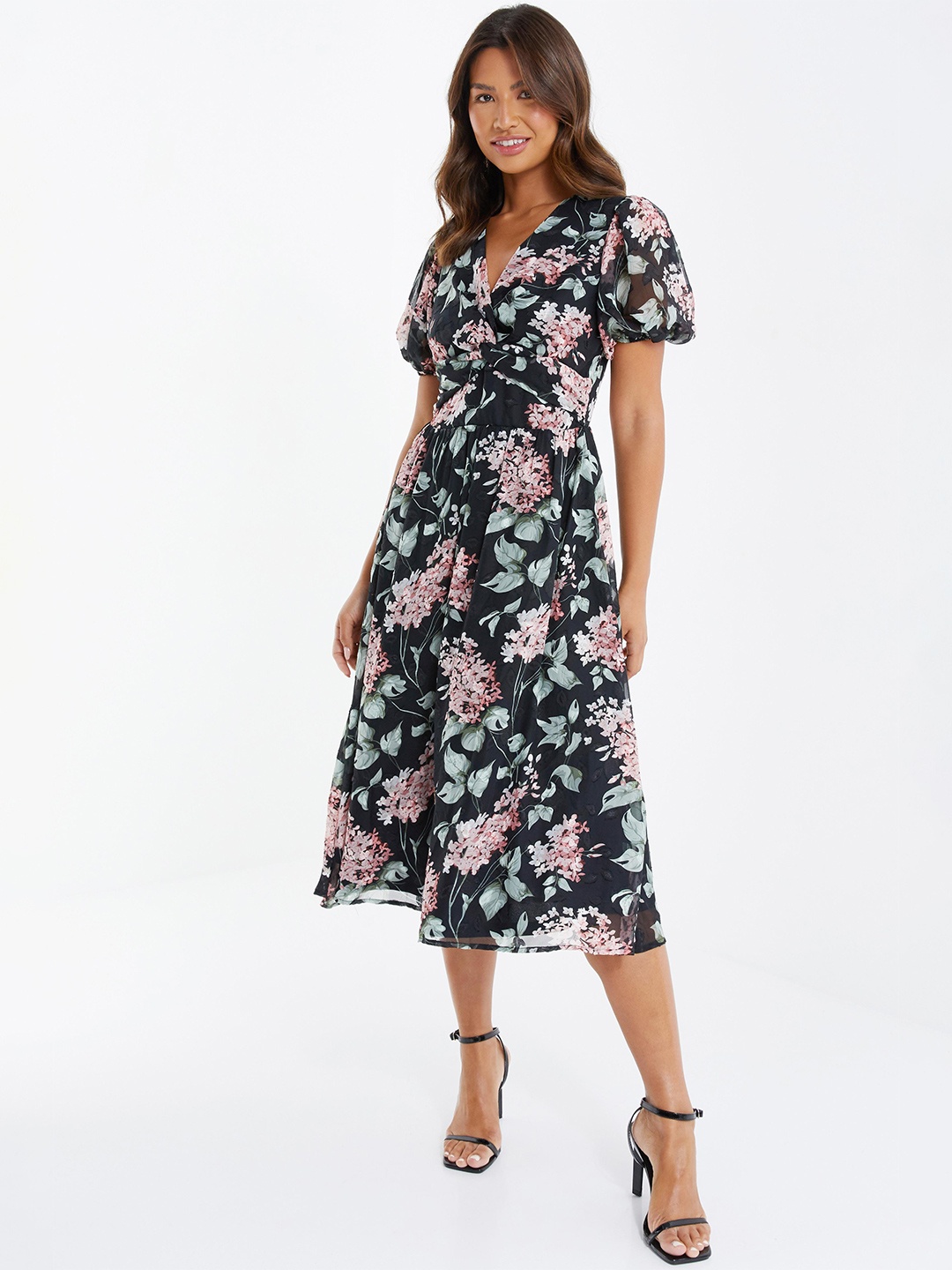 

QUIZ Black Floral Print Layered Chiffon Midi Dress