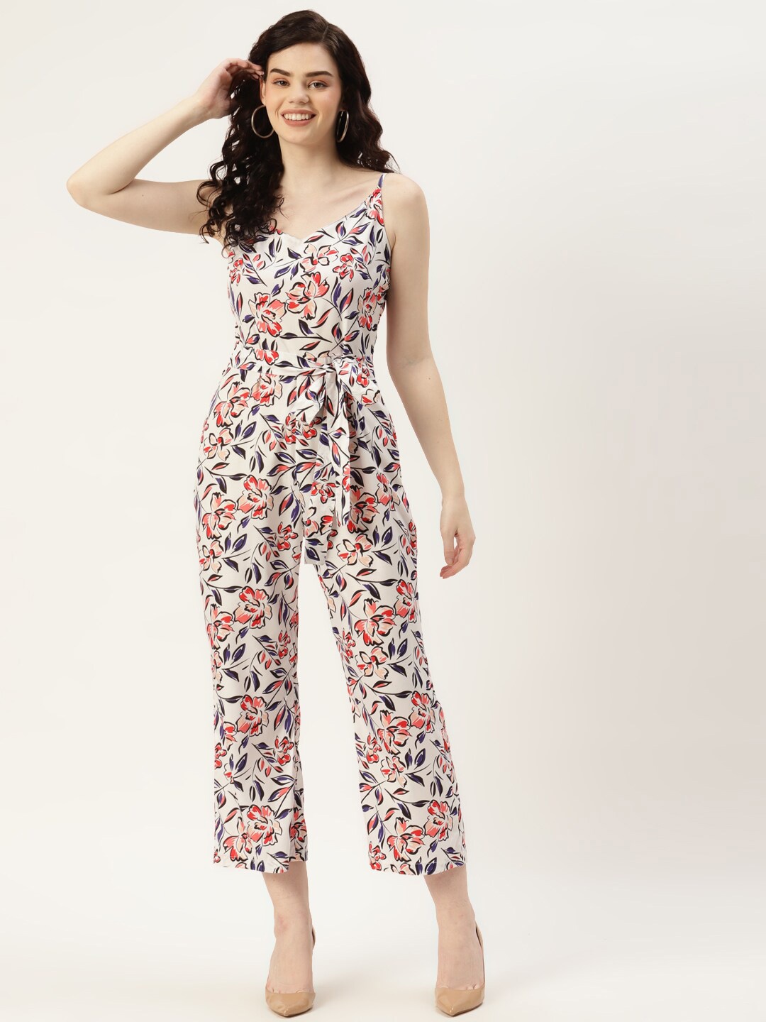 

Sleek Italia Floral Printed Shoulder Straps Waist Tie-Ups Detail Culotte Jumpsuit, White
