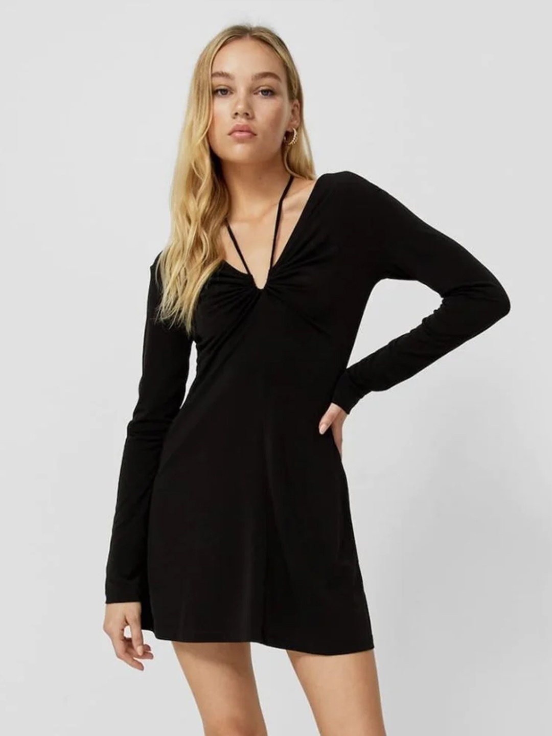 

Styched V-Neck Long Sleeves Tie-Up Detailed Cotton A-Line Mini Dress, Black