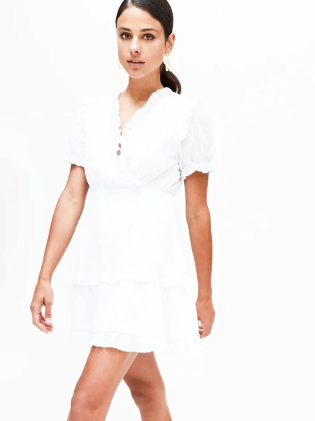 

Styched V- Neck Puff Sleeves Gathered A-Line Dress, White