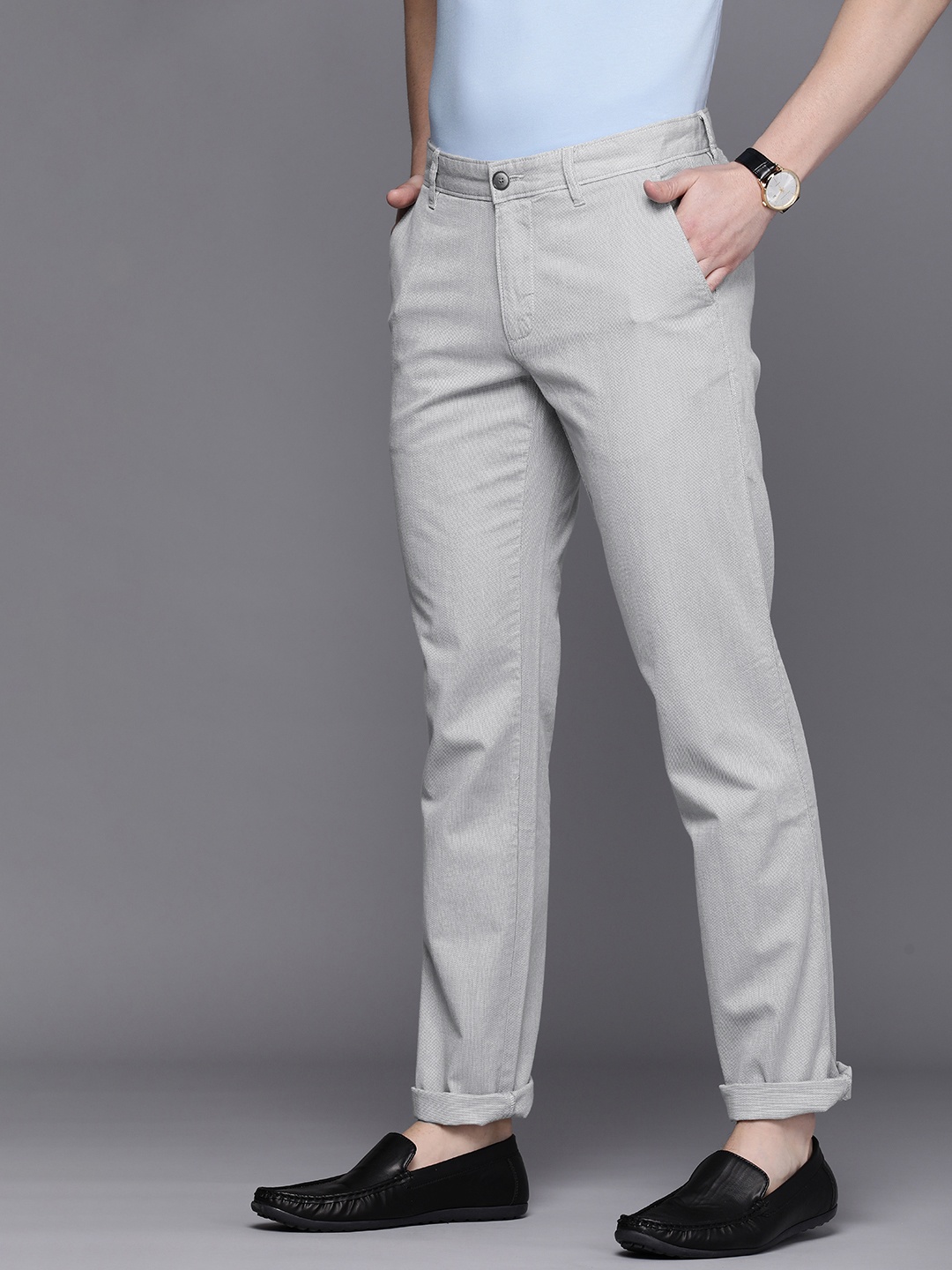 

Louis Philippe Sport Men Textured Slim Fit Chinos Trousers, Grey