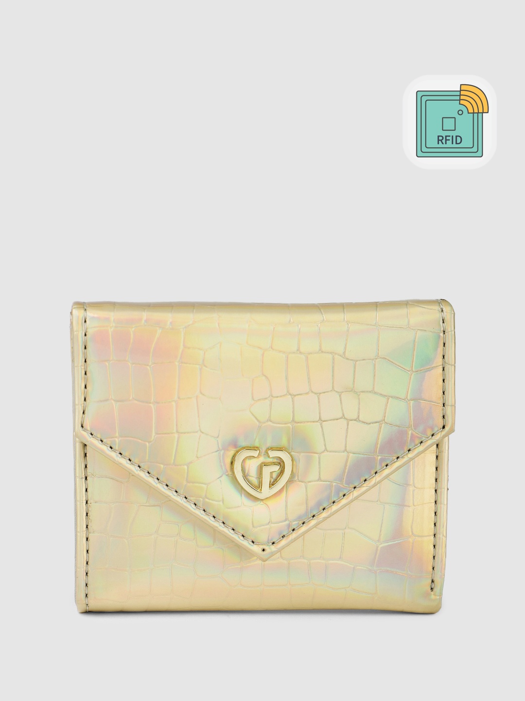 

Caprese Women Abstract Textured Envelope Style Three Fold Wallet with Iridescent Effect, Gold