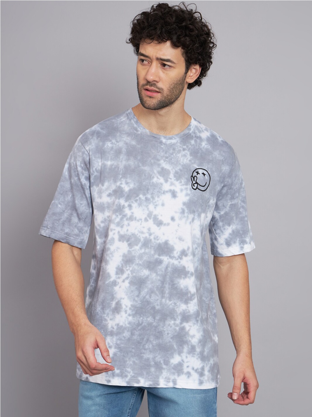 

PEPPYZONE Men Grey Dyed Applique Loose T-shirt