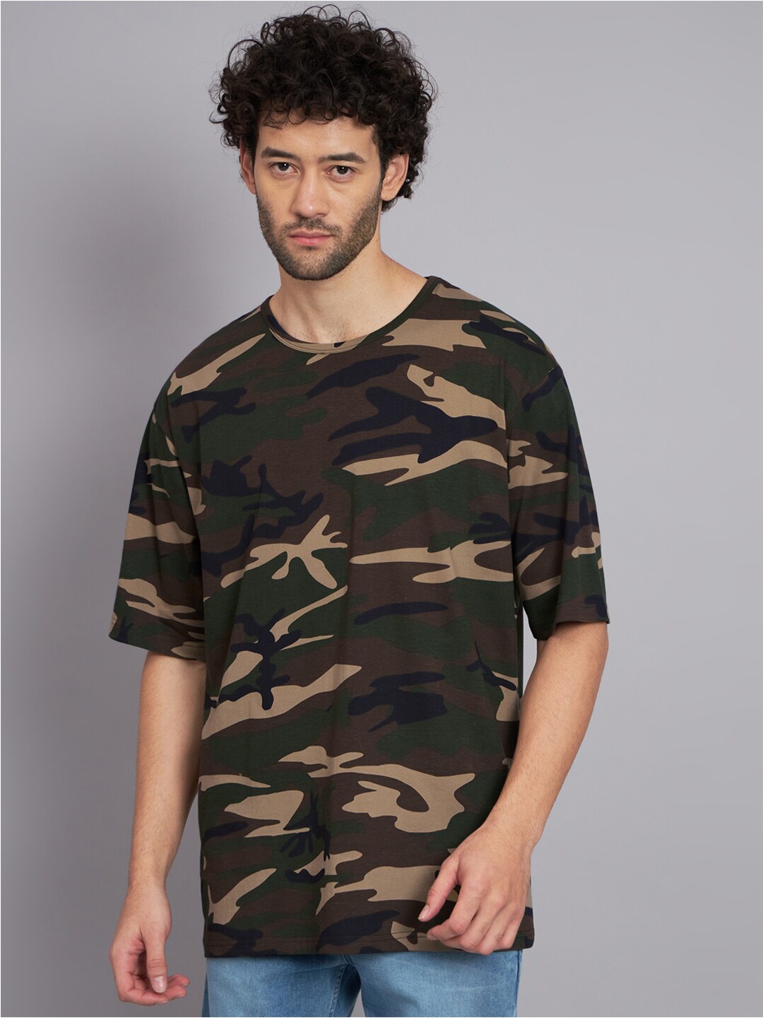 

PEPPYZONE Men Khaki Camouflage Printed Pockets Loose T-shirt